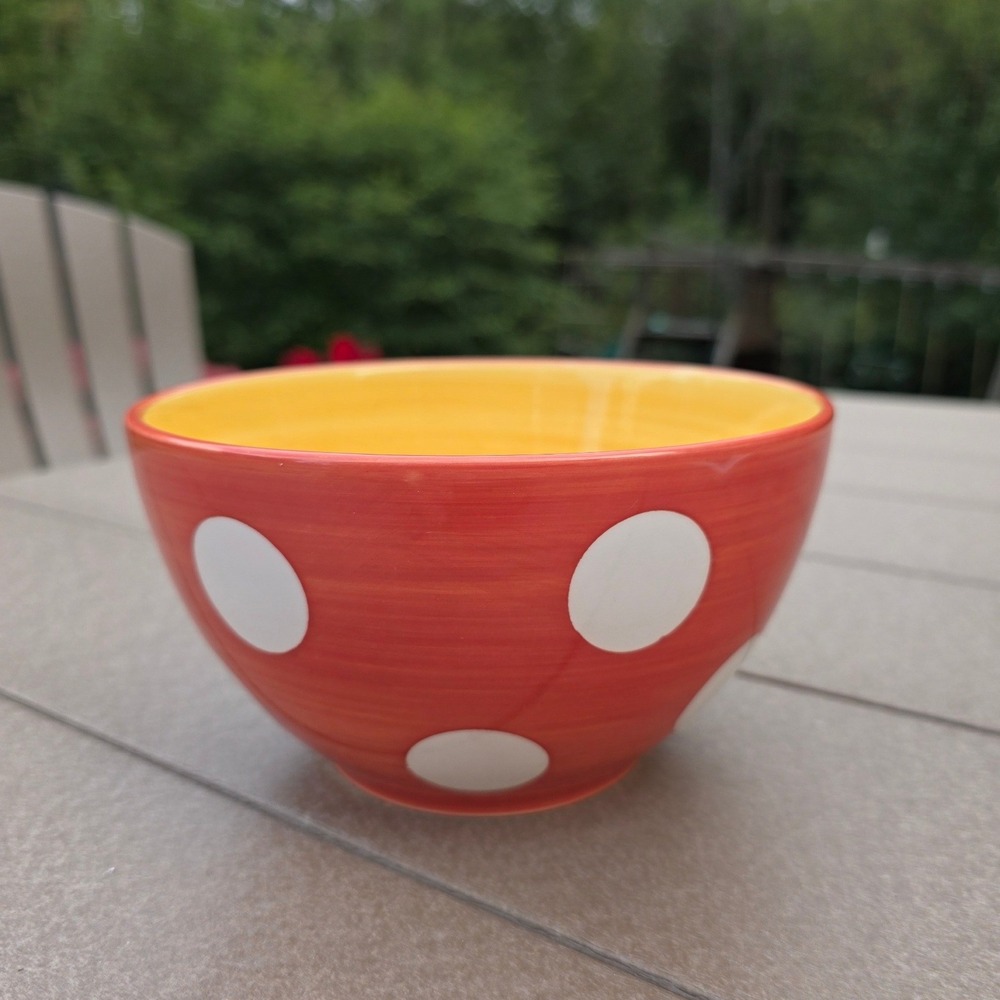 222 Fifth Cadiz Bowl Red White Polka Dot Yellow Ceramic Mickey Minne